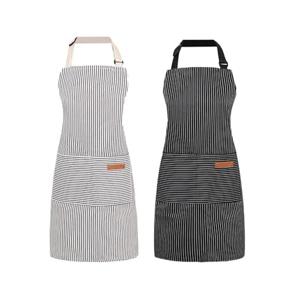 2 Pack Cooking Aprons Adjustable Bib Apron for Women with 2 Pockets, Kitchen Restaurant Men Chefs Aprons - color: Beige/Black Stripes