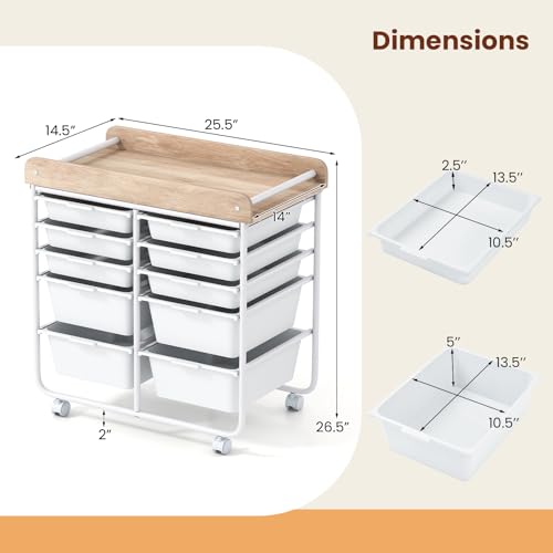 DREAMADE Rolling Storage Cart, 10-Drawer Utility Cart with Tabletop, White - color: White