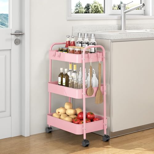TOOLF 3 Tier Rolling Cart, Metal Utility Storage Cart with Wheels, Pink - color: Pink