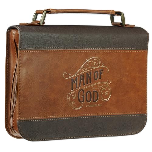 Christian Art Gifts Faux Leather Inspirational Bible Cover for Men: Man of God Encouraging Bible Verse, Heat-Debossed, Sturdy Pen Loops, Pockets, Easy Carry, Brown & Gold, Large - size: Large