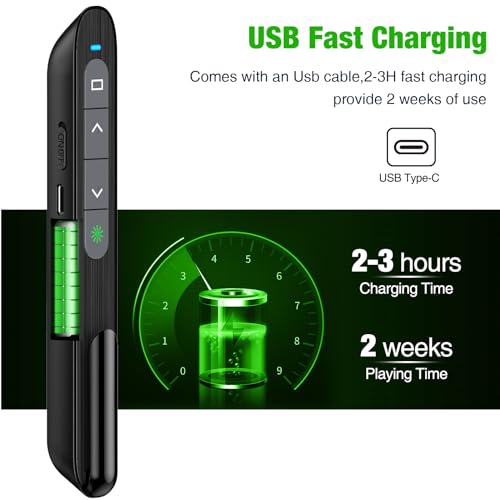 USB C Rechargeable Presentation Clicker with Green Light, Remote Clicker for Presentations Wireless Presenter Slide Changer PPT Advancer with Volume Control for Laptop Computer - color: Green L+Rechargeable