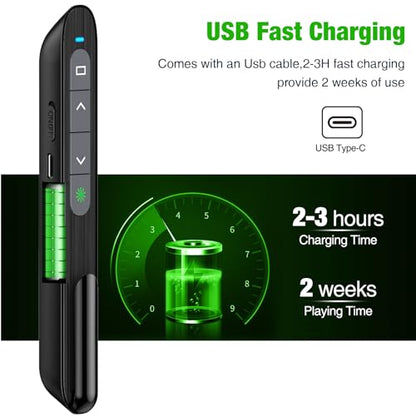 USB C Rechargeable Presentation Clicker with Green Light, Remote Clicker for Presentations Wireless Presenter Slide Changer PPT Advancer with Volume Control for Laptop Computer - color: Green L+Rechargeable