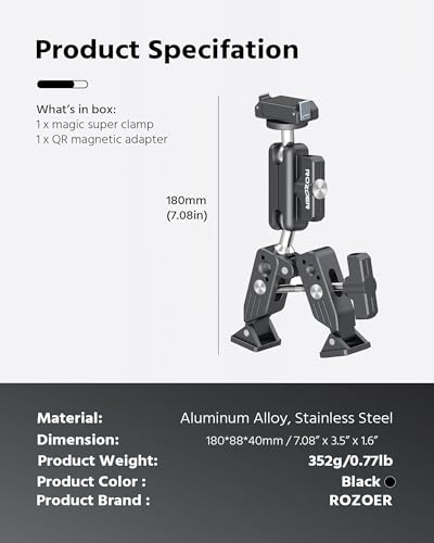 Magnetic Camera Mount Clamp for DJI Osmo Action 5 Pro/4/3 with Crab Clamp Max 2.75"/70mm + 3.84" Ballhead Magic Arm & Magnetic Quick Release Adapter