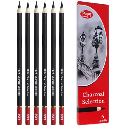 Pepy Professional Soft Charcoal Pencil Set – Set of 6 Pre-Sharpened Black Charcoal Pencils; Perfect for Drawing, Sketching, Blending and Shading