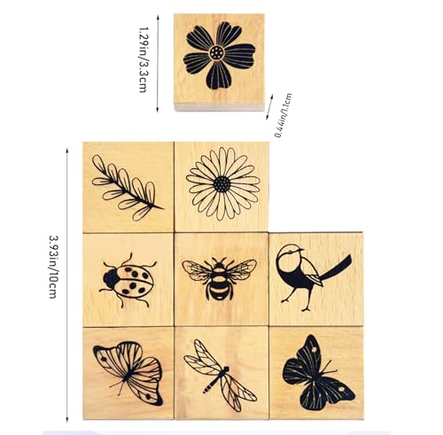 9Pcs Vintage Wood Stamp Set, Butterfly Bird & Floral for Crafts