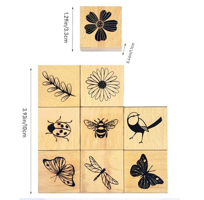 9Pcs Vintage Wood Stamp Set, Butterfly Bird & Floral for Crafts