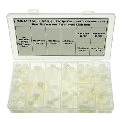 Metric M8 Phillips Pan Head Nylon Screws Nuts Flat Washers Assortment Kit, Screws Length:10mm to 40mm(White) - size: M8