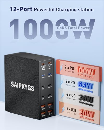 1000W USB Charging Station,12-Port USB C Charger Block with Dual 100W PD - color: Black