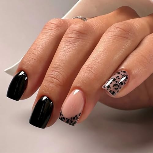 CurvLife Short Square Leopard Print Press On Nails, Black, Soft Gel - color: leopard print