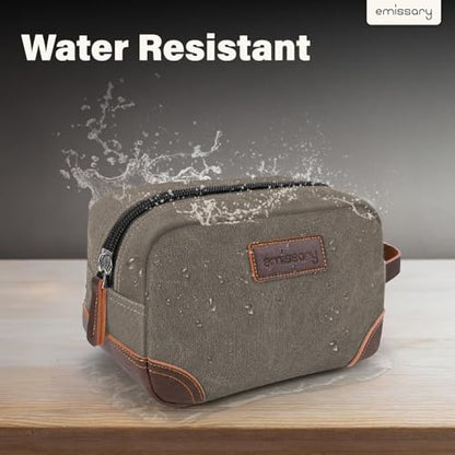 emissary Men's Canvas Travel Toiletry Bag, Leather Dopp Kit - Light Gray - color: Light Gray