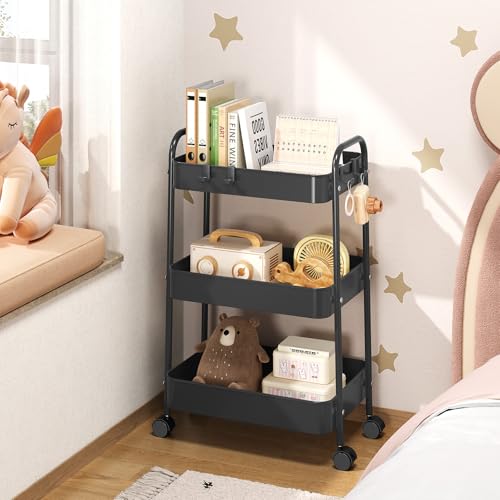 TOOLF 3 Tier Rolling Cart, Metal Utility Storage Cart with Wheels, Pink - color: Black