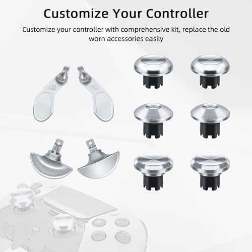 Mcbazel 10 in 1 Metal Thumbsticks Replacement for PS5 Edge Controller, 4 Back Paddles Triggers Buttons + 6 Metal Joystick Caps, Accessories Kit for PS5 - Silver