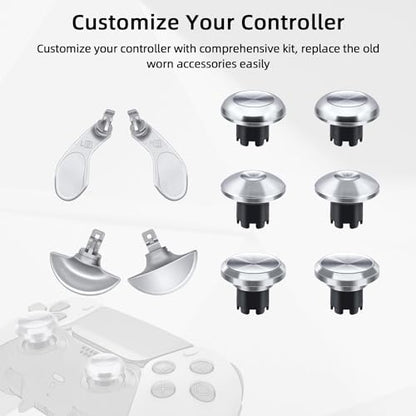Mcbazel 10 in 1 Metal Thumbsticks Replacement for PS5 Edge Controller, 4 Back Paddles Triggers Buttons + 6 Metal Joystick Caps, Accessories Kit for PS5 - Silver