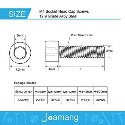 M4 x 8mm 10mm 12mm 16mm 20mm Hex Socket Head Cap Screws Bolts, 12.9 Grade Alloy Steel, Black Oxide Finish, Metric Allen Drive, Fully Threaded, Assortment Kit 100Pcs - size: Socket M4x8-20 mm