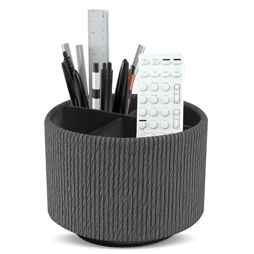 Round Leather Art Supply Organizer,Remote Control Holder,360 Degree Spinning,Multi-Functional Pencil Holder,4 Compartments Desktop Stationary Organizer(1-Wood Black) - color: 1-Wood Black