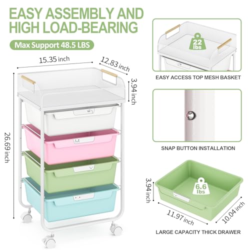 SYKIARIOL 4-Drawer Rolling Storage Cart with Mesh Top,Colourful - color: Colorful