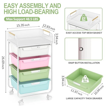 SYKIARIOL 4-Drawer Rolling Storage Cart with Mesh Top,Colourful - color: Colorful