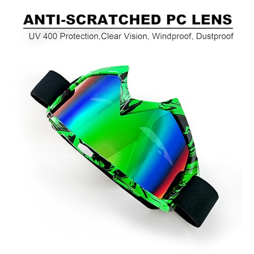 Dirt Bike Goggles for Motorcycle, ATV, Motocross, Riding, Offroad - Adult, Men, Women, Youth, Kids - color: Black Green Frame+color Lens