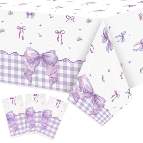 3 Pack Purple Bow Party Tablecloths for Girls Women - color: Purple Bow
