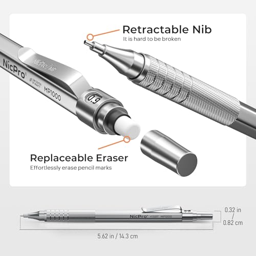 Nicpro 0.9 mm Metal Mechanical Pencil Set with Case - color: Silver, style: 0.9 MM