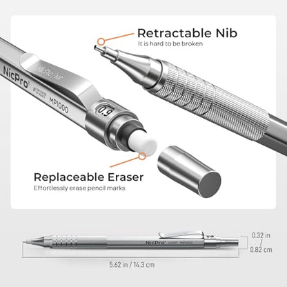 Nicpro 0.9 mm Metal Mechanical Pencil Set with Case - color: Silver, style: 0.9 MM