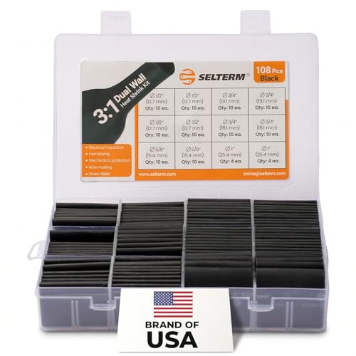 Selterm Heat Shrink Tubing Kit, Large Size, Marine Grade, 108 Pcs, Black - color: Black - Assorted, size: 108 Pcs - Assorted