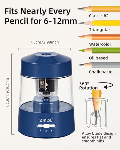 ZMOL Electric Pencil Sharpener Battery, 6-12mm Jumbo Pencils,Dark Blue - color: Dark Blue