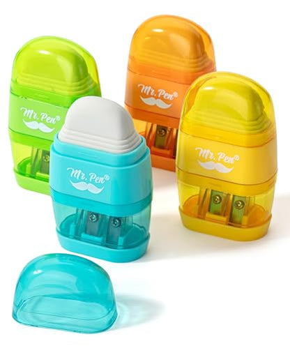Mr. Pen- Pencil Sharpener & Eraser, 4 Pack - color: Yellow, Orange, Blue, Green, size: 4 Pack