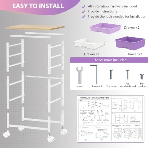 Goovilla Rolling Cart with 5 Drawers for Craft, Art, Dorm, Office, Purple - size: Purple