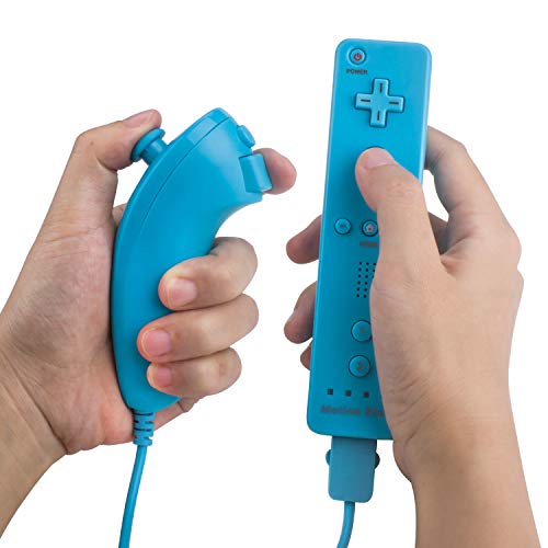 Motion Plus Wii Controllers 2Packs with Nunchucks, Wii Remote Controllers Compatible for wii and Wii U with Built in Motion Plus - color: wblue+wblue