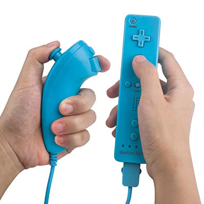 Motion Plus Wii Controllers 2Packs with Nunchucks, Wii Remote Controllers Compatible for wii and Wii U with Built in Motion Plus - color: wblue+wblue