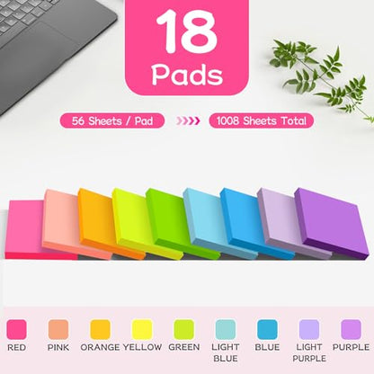(18 Pads) Sticky Notes 3x3 inch, 9 Bright Colors Self-Stick Pads - color: Bright Colors