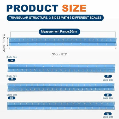 HARFINGTON 2 Pcs Architectural Scale Ruler, 12 Inch Standard Aluminum Alloy Architect Triangular Large Scale Laser-Etched Blueprint Drafting Ruler for Architects Engineers, Blue - color: Blue, size: 12 Inch