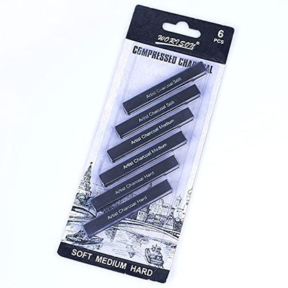 Compressed Charcoal Rod 6PCS Soft, Medium and Hard Grade Vine Square Willow Charcoal Sticks for Drawing, Sketching, Shading, Art Supplies Sketch Kits Tools Carbon Strip