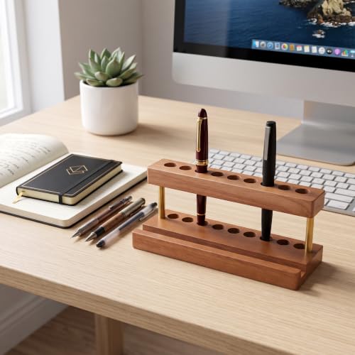 Pen Holder for Desk, Pencil Organizer, Fountain Pen Display Stand - color: Single-row - Walnut