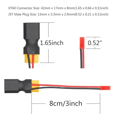 XT60 Connector Adapter with JST Plug 3", 20AWG Cable, Gold-Plated Plug - style: XT60 Male to Female Connector with JST (Male) - 3Pcs