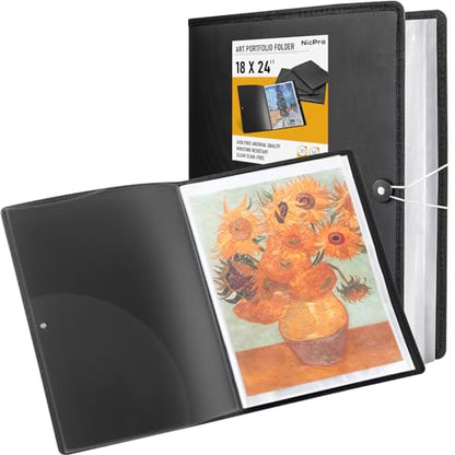Nicpro 18"x24" Art Portfolio, 30 Pockets Display 60 Pages Art Portfolio Folder with Clear Plastic Sleeves, Artwork Storage Presentation Book for Artists, Painting Carrier Case - size: 18"x24"