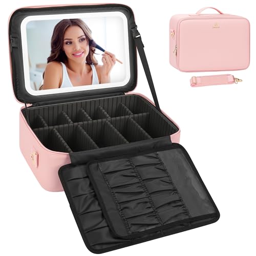 Relavel Large Makeup Case with LED Mirror, 16.2" Train Case with Dividers - color: 01-Pink, size: 3-Large
