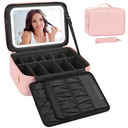 Relavel Large Makeup Case with LED Mirror, 16.2" Train Case with Dividers - color: 01-Pink, size: 3-Large