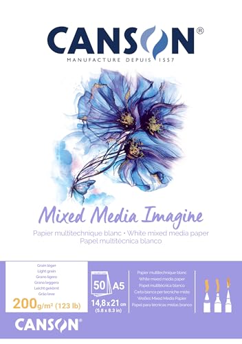 Canson Imagine Mixed Media 200gsm Paper, Natural White, A5 pad Including 50 Sheets - size: A5