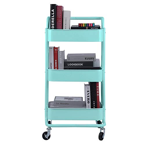 3-Tier Metal Mesh Rolling Cart Storage Organizer with Utility Handle and Wheels, Turquoise - color: A- Turquoise