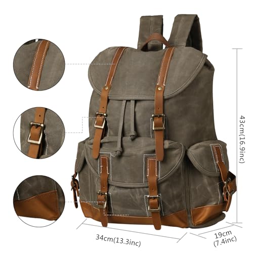 Heavy-Duty Waxed Canvas Rucksack Backpack - color: Olive Green, size: 400 x 340 x 190 mm - Standard