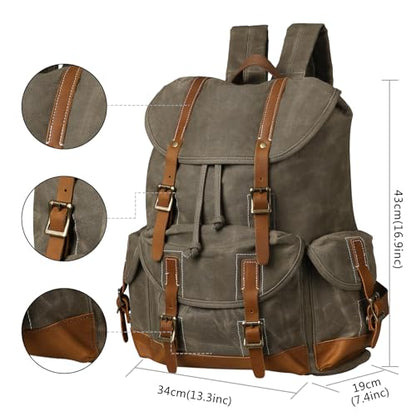 Heavy-Duty Waxed Canvas Rucksack Backpack - color: Olive Green, size: 400 x 340 x 190 mm - Standard