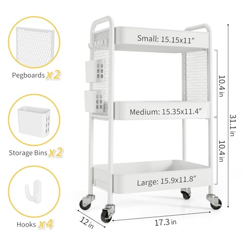 TOOLF 3 Tier Rolling Cart, Metal Utility Storage Cart with Pegboard, White - color: White, size: 3-Tier