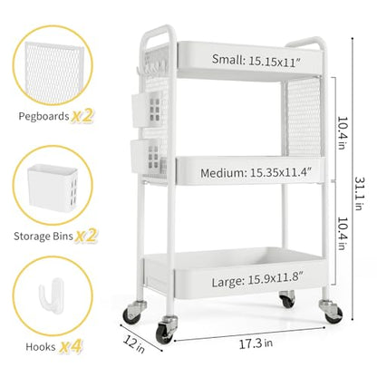TOOLF 3 Tier Rolling Cart, Metal Utility Storage Cart with Pegboard, White - color: White, size: 3-Tier