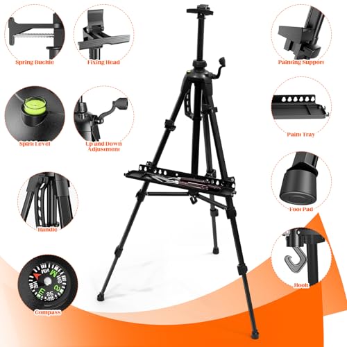 Adjustable Artist Easel - 19.69" to 61.8", Portable Folding Tabletop or Floor Easel with Brush Tray, Carry Bag, 4 Clips, 5 Palette Knives for Painting, Display, and Art Exhibitions (Black)