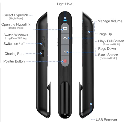DinoFire USB C Rechargeable Presentation Remote with Red Light,Wireless Preseter PPT Slide Clicker Advancer for MacBook Laptop Computer - color: Red L+Rechargeable