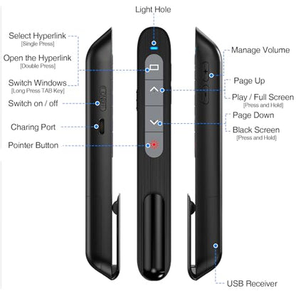 DinoFire USB C Rechargeable Presentation Remote with Red Light,Wireless Preseter PPT Slide Clicker Advancer for MacBook Laptop Computer - color: Red L+Rechargeable