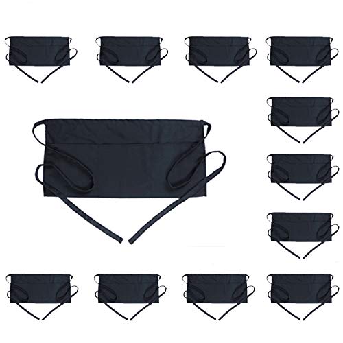 BOHARERS Waist Apron with 3 Pockets 12 Pack - Black Waitress Server Short Apron - color: 12 Pack Black