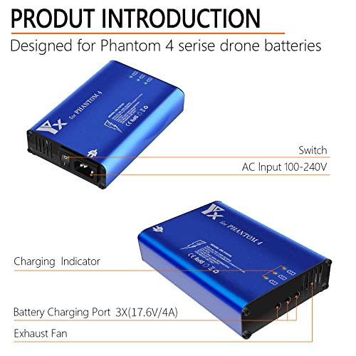 Hanatora 4 in 1 Rapid Multi Battery Charger with Ground for DJI Phantom 4/4 Advanced/4 Pro V2.0/4 Pro Plus Obsidian Drone&Remote Controller,Parallel Charging hub for Phantom 4 Series